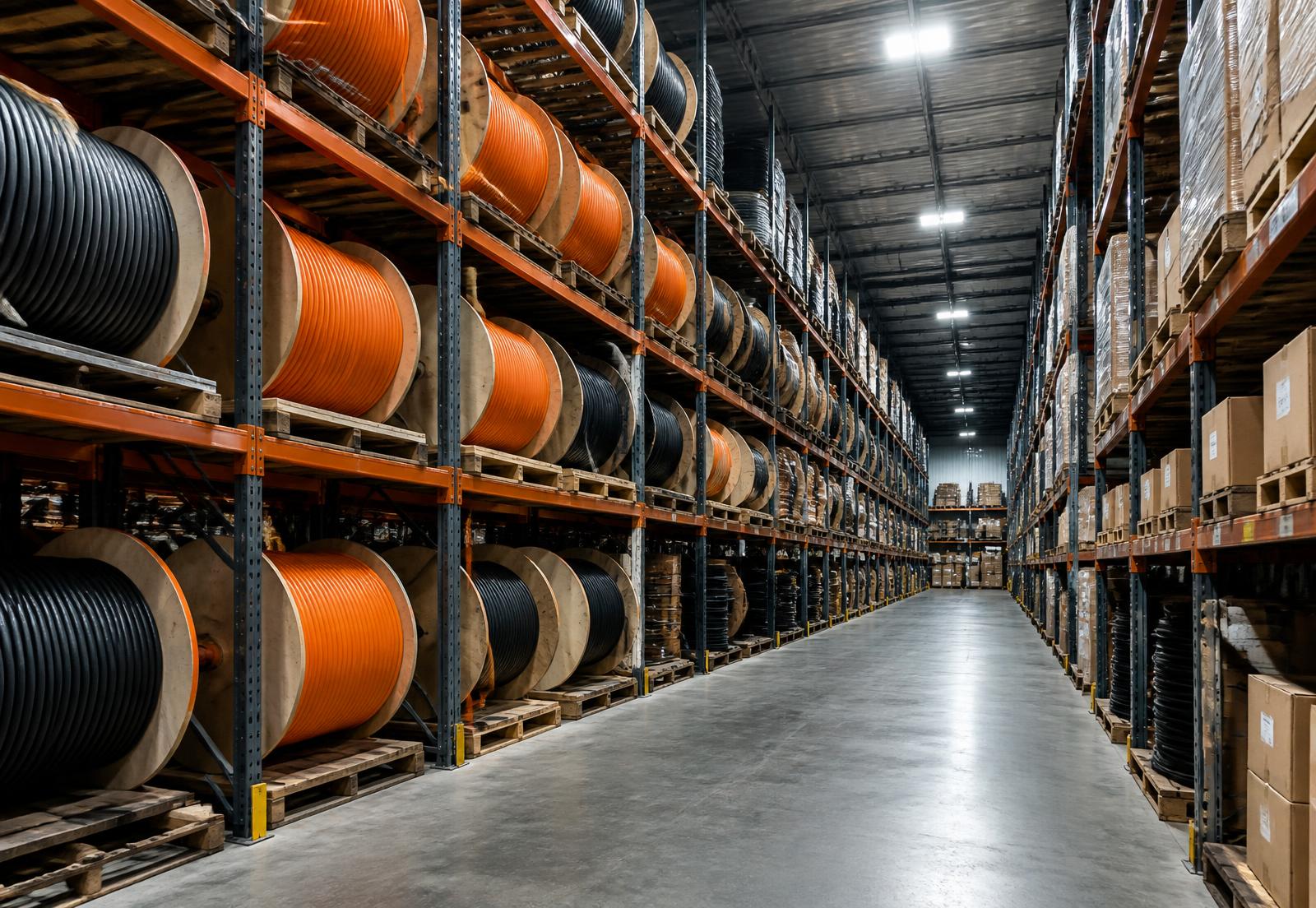 Warehouse aisles stocked with cable reels and cabinets